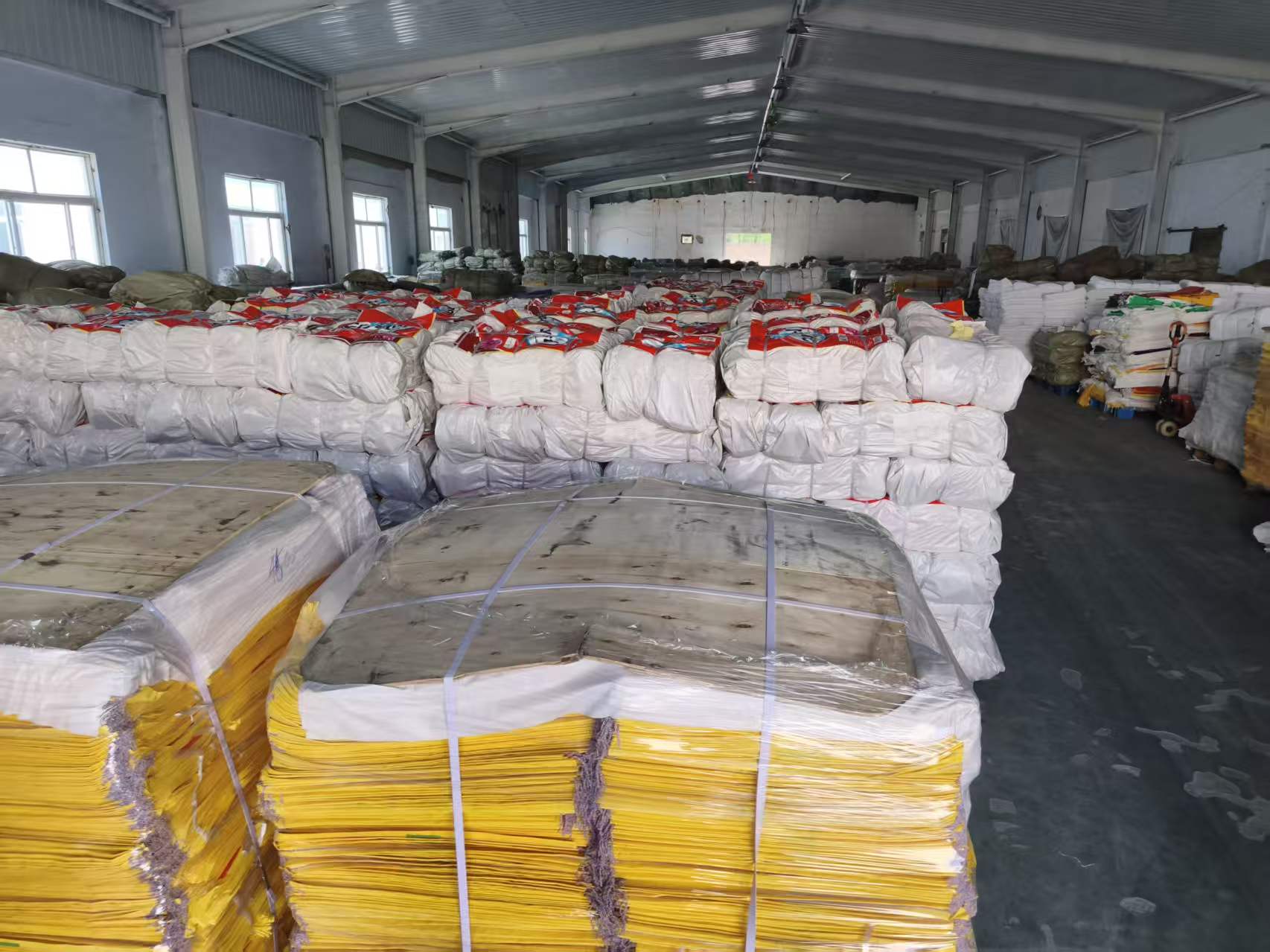 Finished woven bags in warehouse
